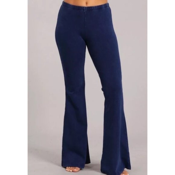 Galaxy Blue Boho Mineral Wash Flare Stretch Pants - Picture 2 of 6